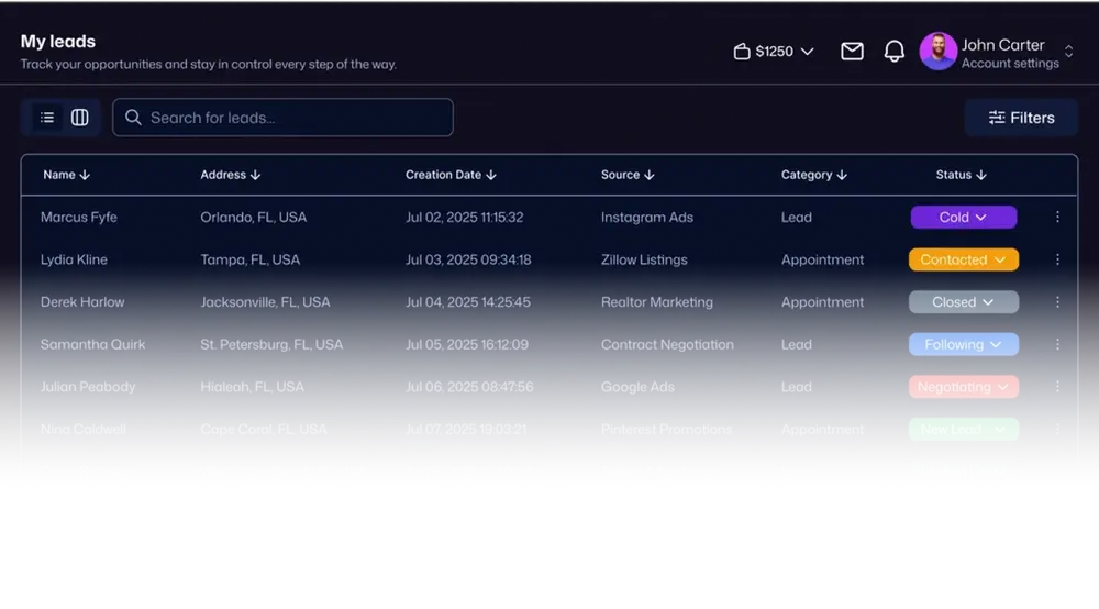 My leads dashboard — track opportunities