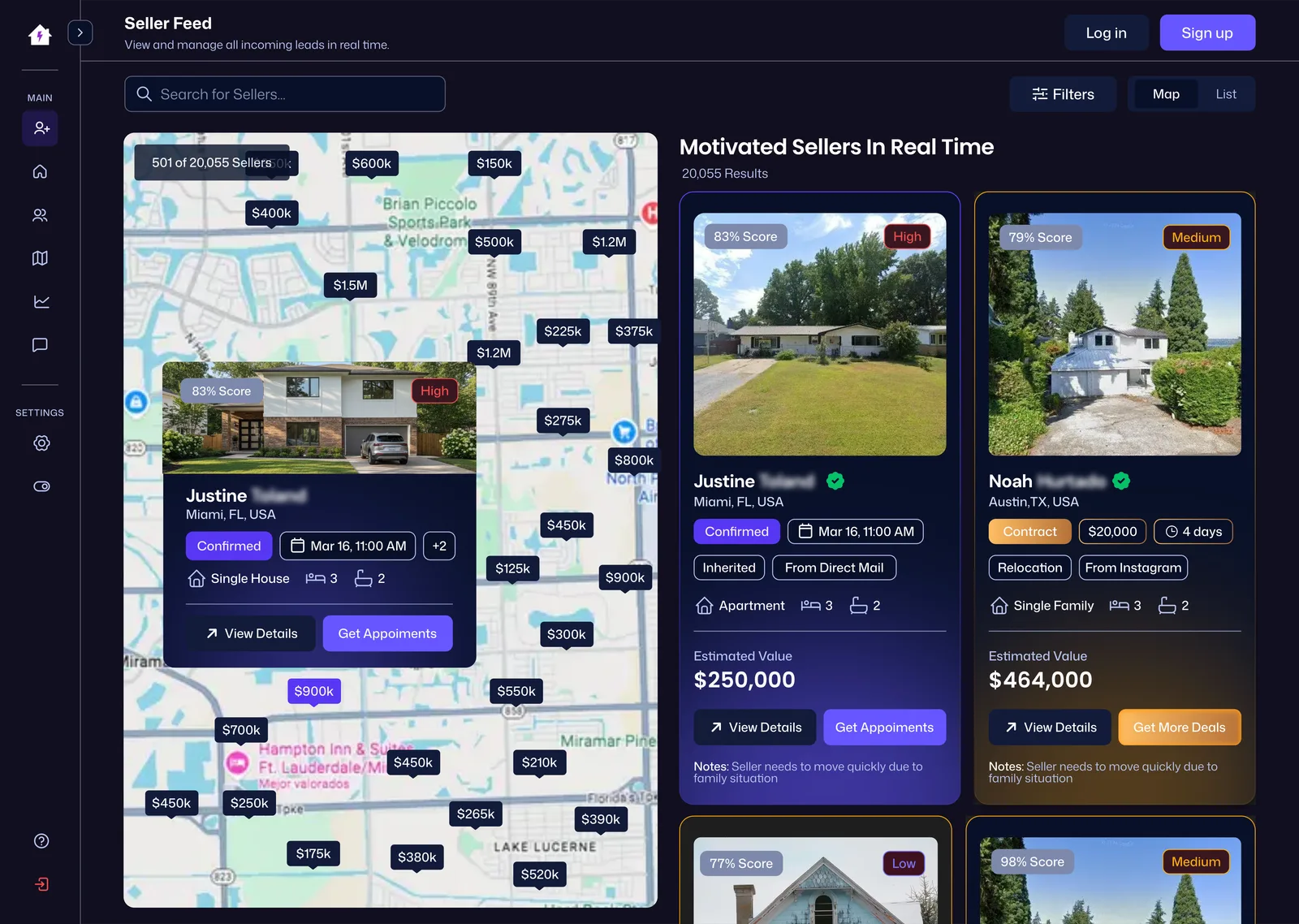 GetSellers Seller Feed dashboard — motivated sellers in real time with live scores and appointments