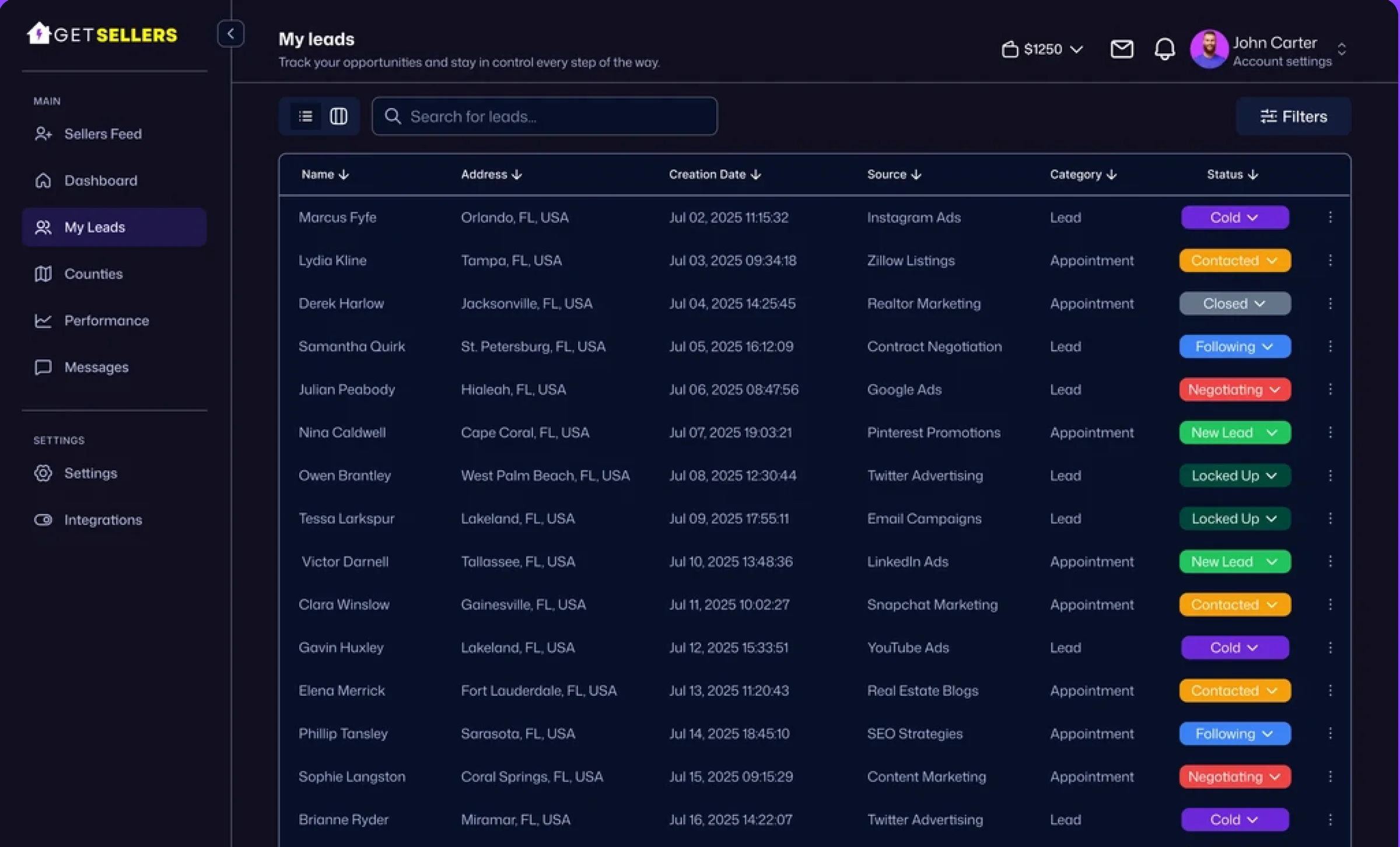 GetSellers — My Leads dashboard